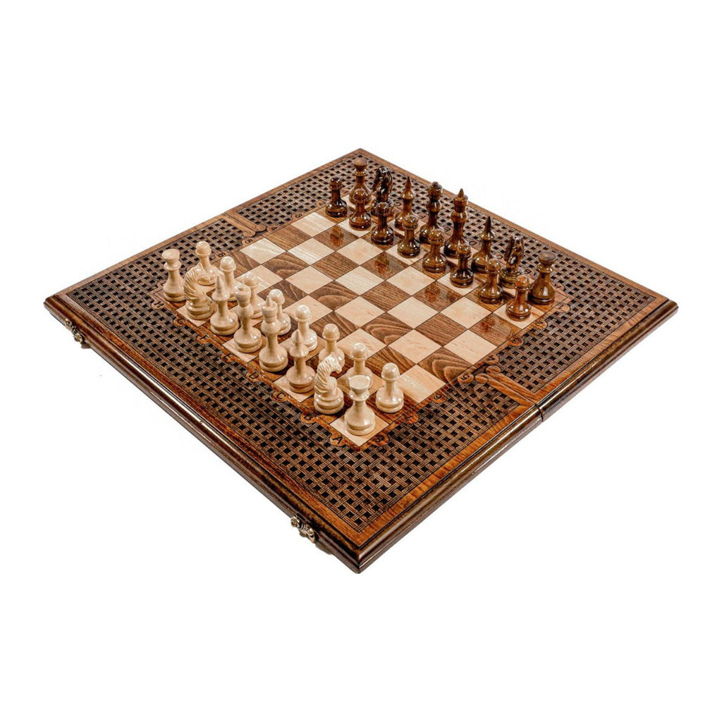 Handmade Wooden Chess and Backgammon Set with Ornamental Braid Pattern, 60 cm