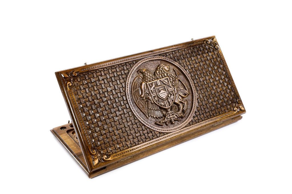 Handmade Walnut Backgammon Set with Armenian Coat of Arms, Braid Motifs and Hornbeam Inlay, 60 cm