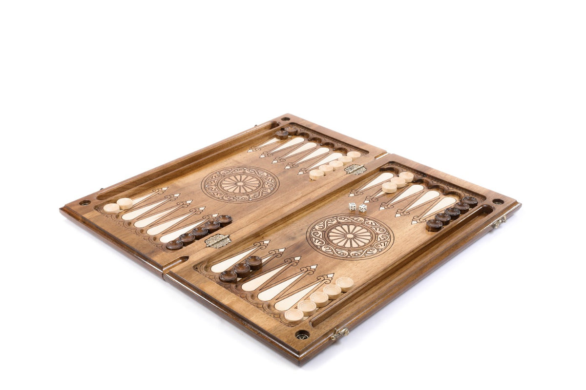 Handmade Walnut Backgammon Set with Armenian Coat of Arms, Braid Motifs and Hornbeam Inlay, 60 cm - photo 3