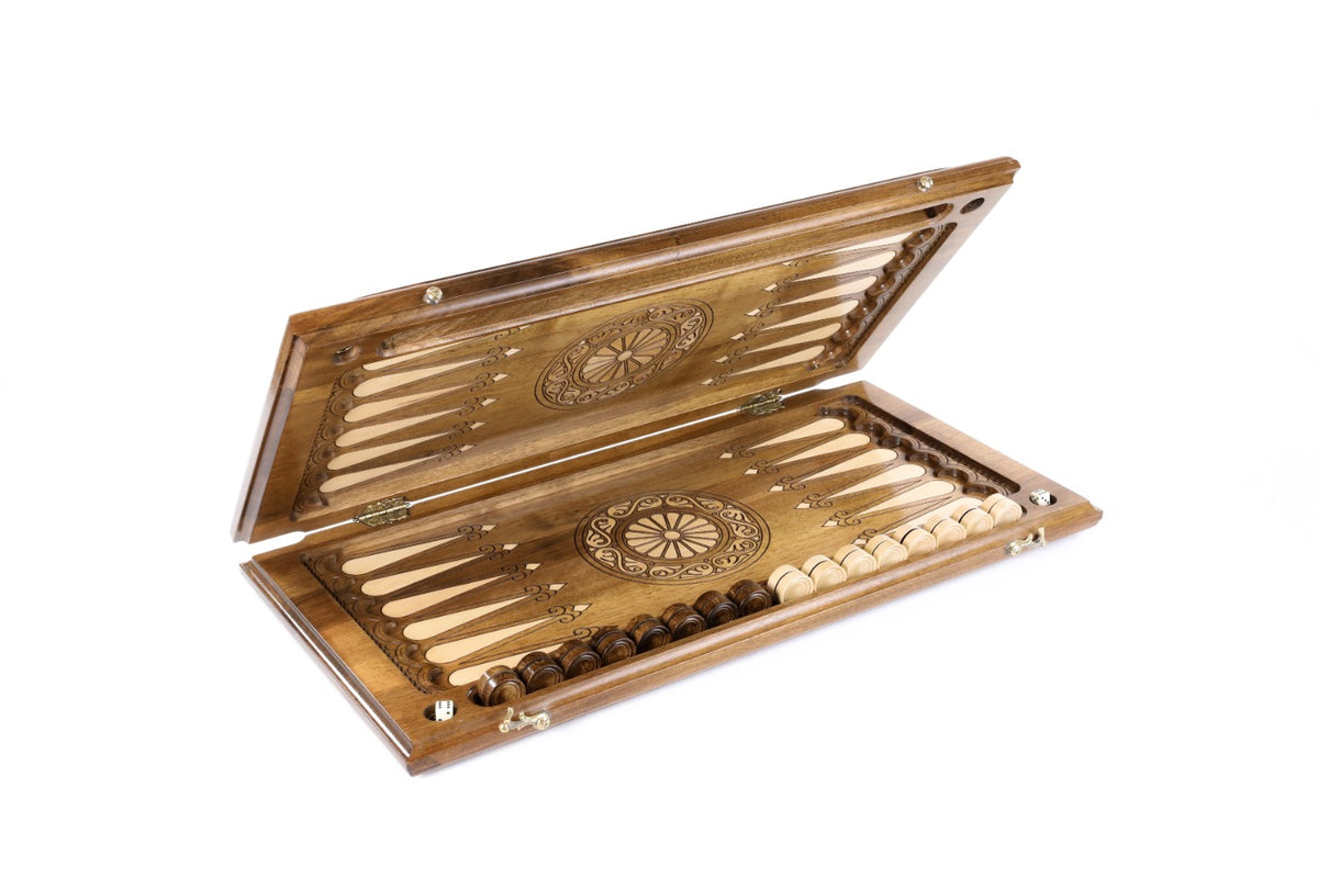 Handmade Walnut Backgammon Set with Armenian Coat of Arms, Braid Motifs and Hornbeam Inlay, 60 cm - photo 5