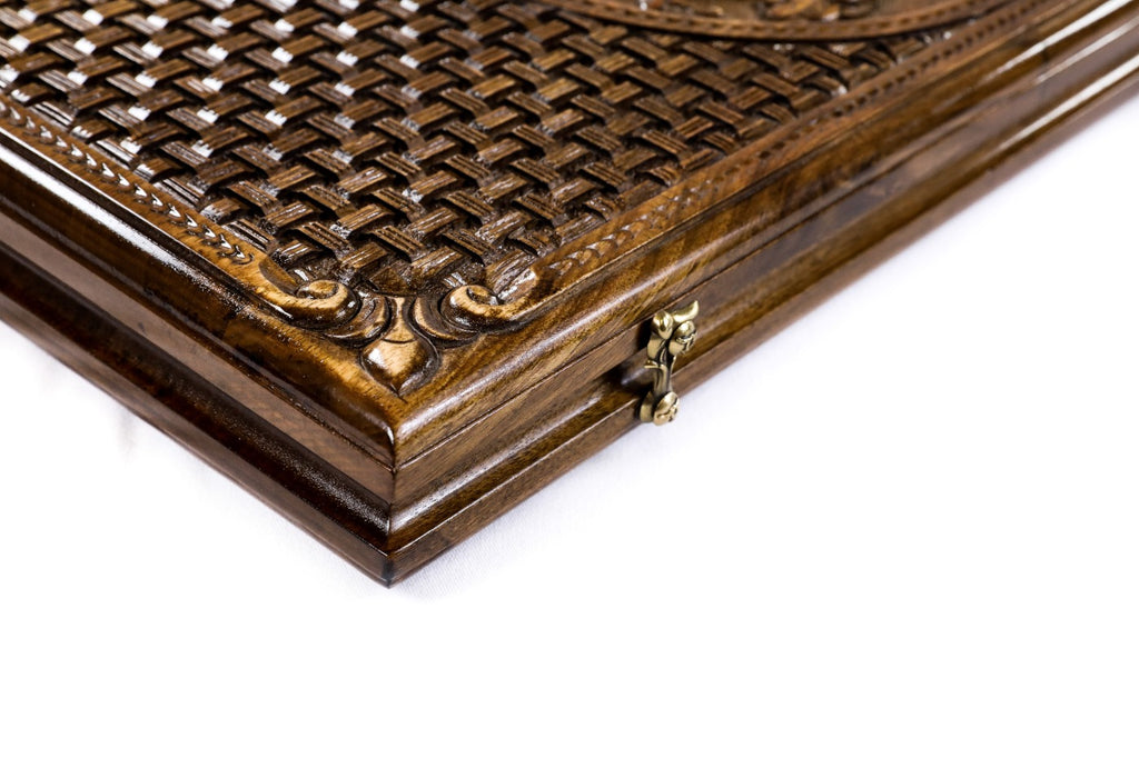 Handmade Walnut Backgammon Set with Armenian Coat of Arms, Braid Motifs and Hornbeam Inlay, 60 cm - photo 10