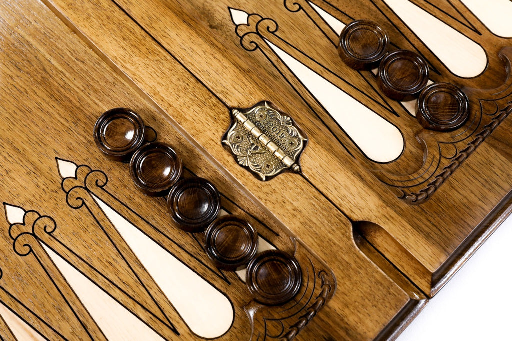 Handmade Walnut Backgammon Set with Armenian Coat of Arms, Braid Motifs and Hornbeam Inlay, 60 cm - photo 11