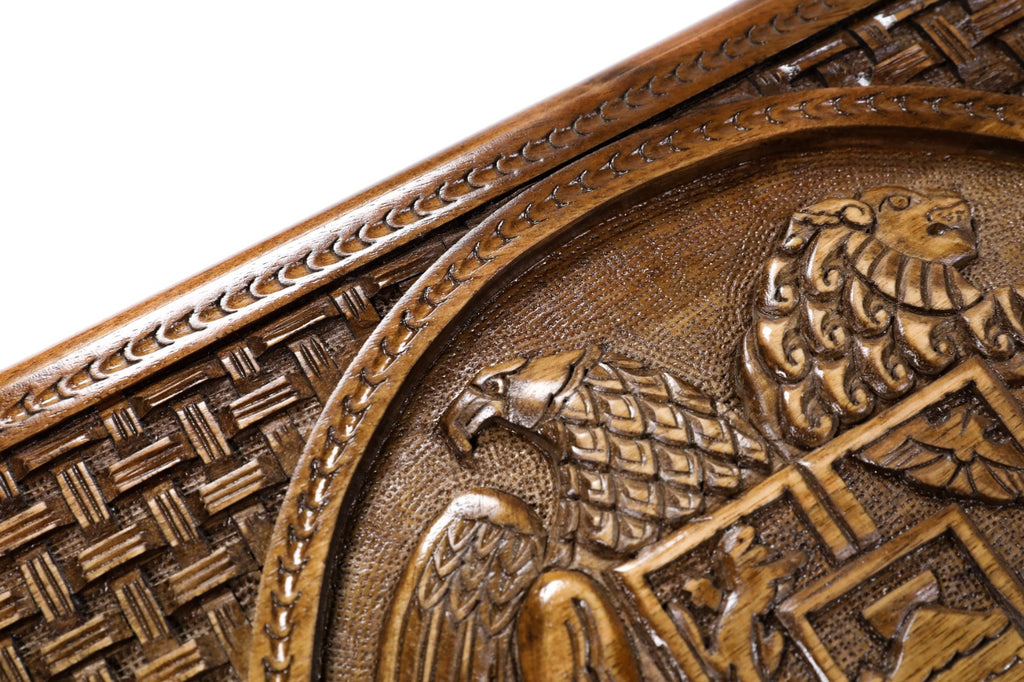 Handmade Walnut Backgammon Set with Armenian Coat of Arms, Braid Motifs and Hornbeam Inlay, 60 cm - photo 12
