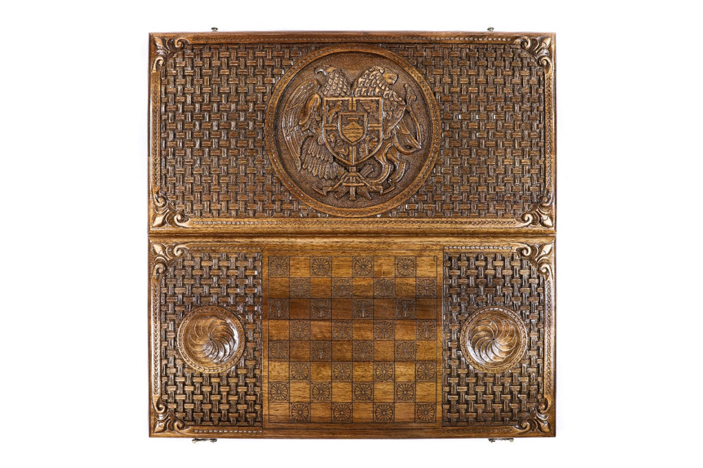 Handmade Walnut Backgammon Set with Armenian Coat of Arms, Braid Motifs and Hornbeam Inlay, 60 cm - photo 4