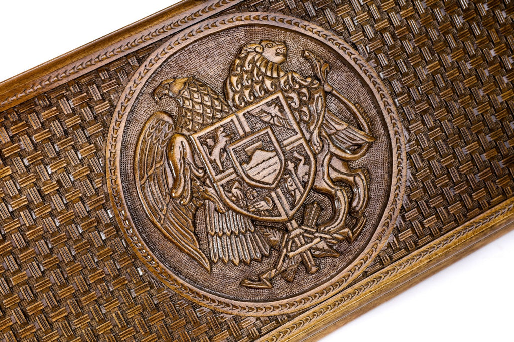 Handmade Walnut Backgammon Set with Armenian Coat of Arms, Braid Motifs and Hornbeam Inlay, 60 cm - photo 2