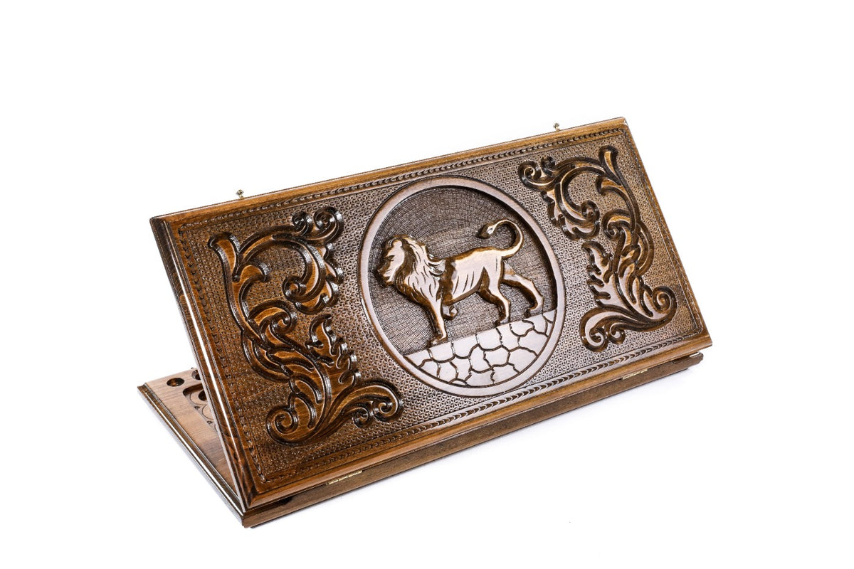 Handmade Walnut Backgammon Set with Lion, 60 cm