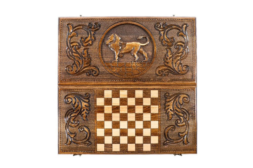 Handmade Walnut Backgammon Set with Lion, 60 cm - photo 4