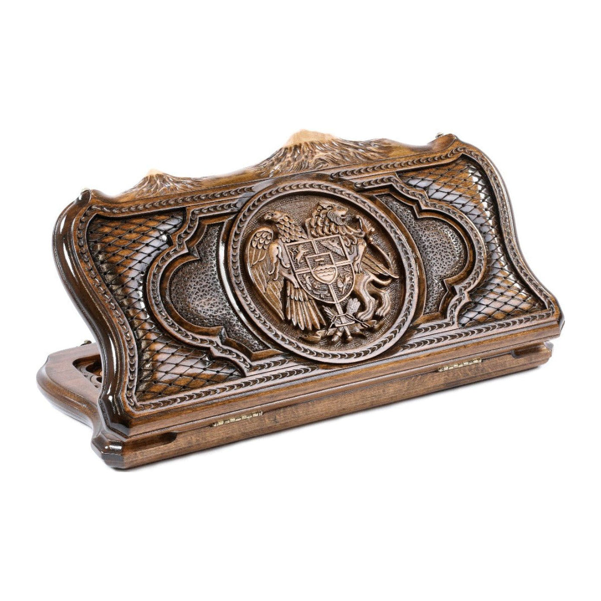 Handmade Wooden Backgammon Set with Armenian Coat of Arms and Ararat Outline, 40 cm (Model 11141)
