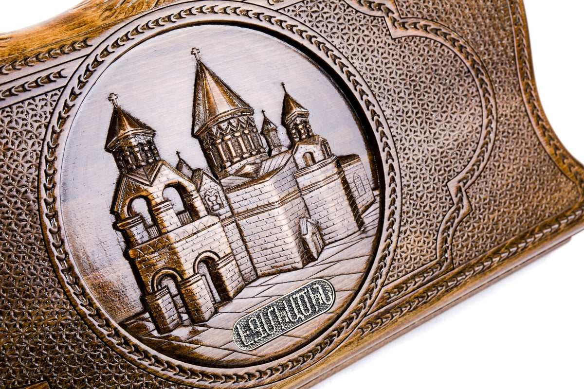 Handmade Wooden Backgammon Set with Etchmiadzin Cathedral and Ararat Outline, 50 cm - photo 2