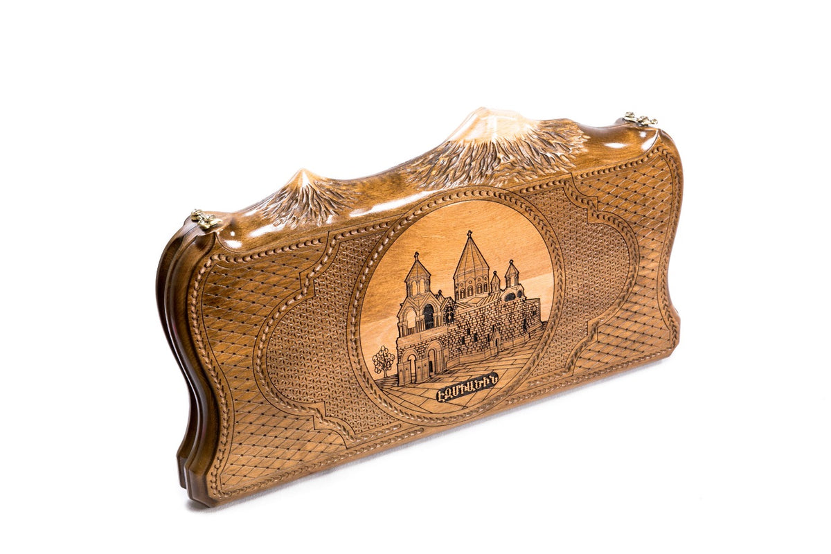 Handmade Wooden Backgammon Set with Etchmiadzin Cathedral and Ararat Outline, 50 cm - photo 6
