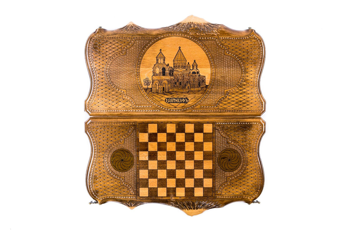 Handmade Wooden Backgammon Set with Etchmiadzin Cathedral and Ararat Outline, 50 cm - photo 4