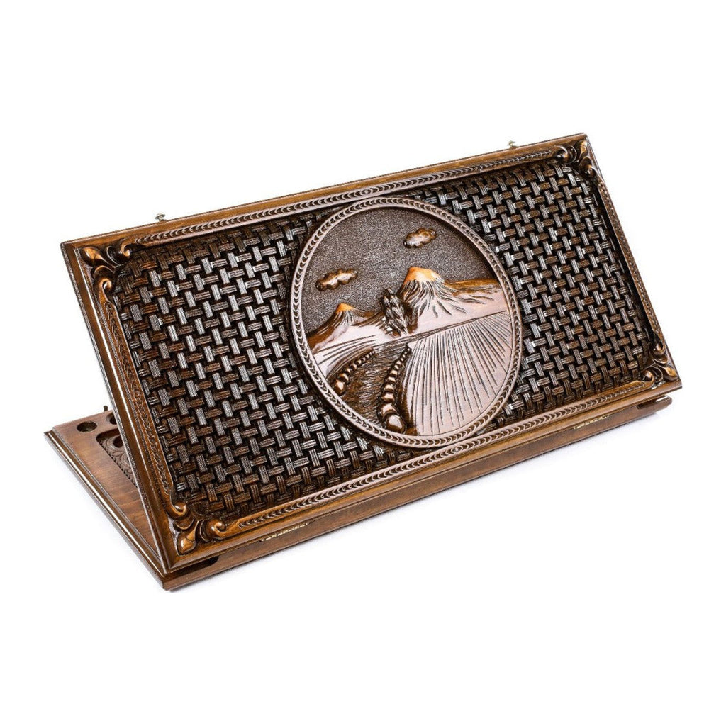 Handmade Wooden Backgammon Set with Mount Ararat and Ornamental Braid Pattern, 60 cm