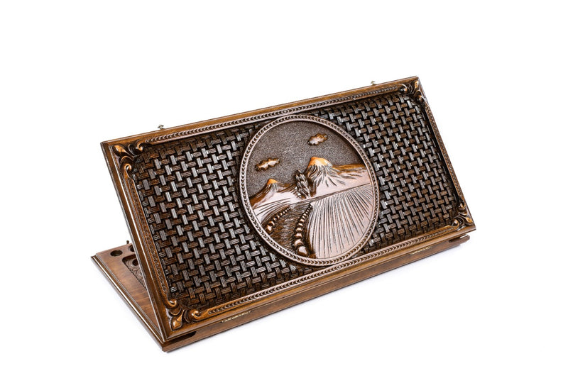 Handmade Wooden Backgammon Set with Mount Ararat and Ornamental Braid Pattern, 60 cm