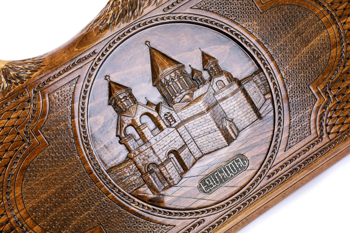 Handmade Wooden Backgammon Set with Etchmiadzin Cathedral and Ararat Outline, 60 cm - photo 2