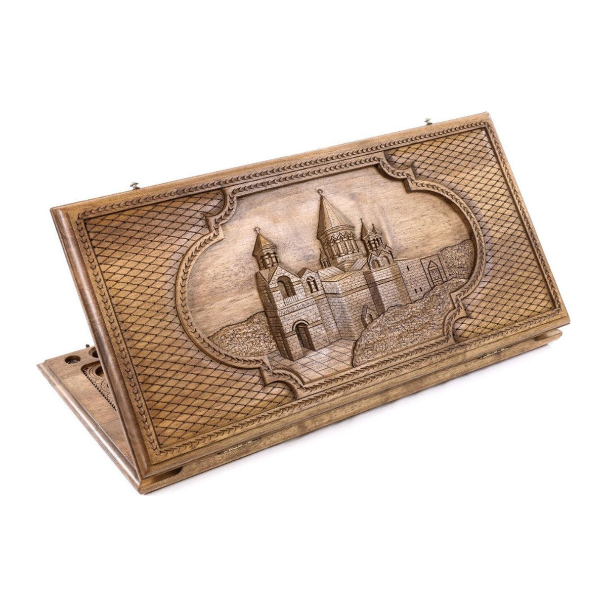Walnut Backgammon Set with Etchmiadzin Cathedral & Inlay, 60 cm