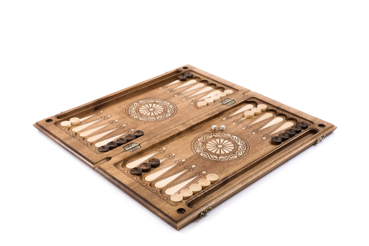 Handmade Walnut Backgammon Set with Etchmiadzin Cathedral and Hornbeam Inlay, 60 cm - photo 3