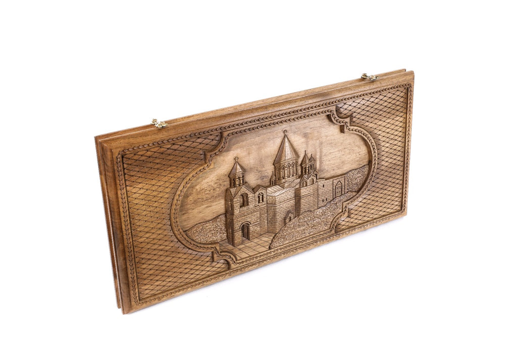 Handmade Walnut Backgammon Set with Etchmiadzin Cathedral and Hornbeam Inlay, 60 cm - photo 6
