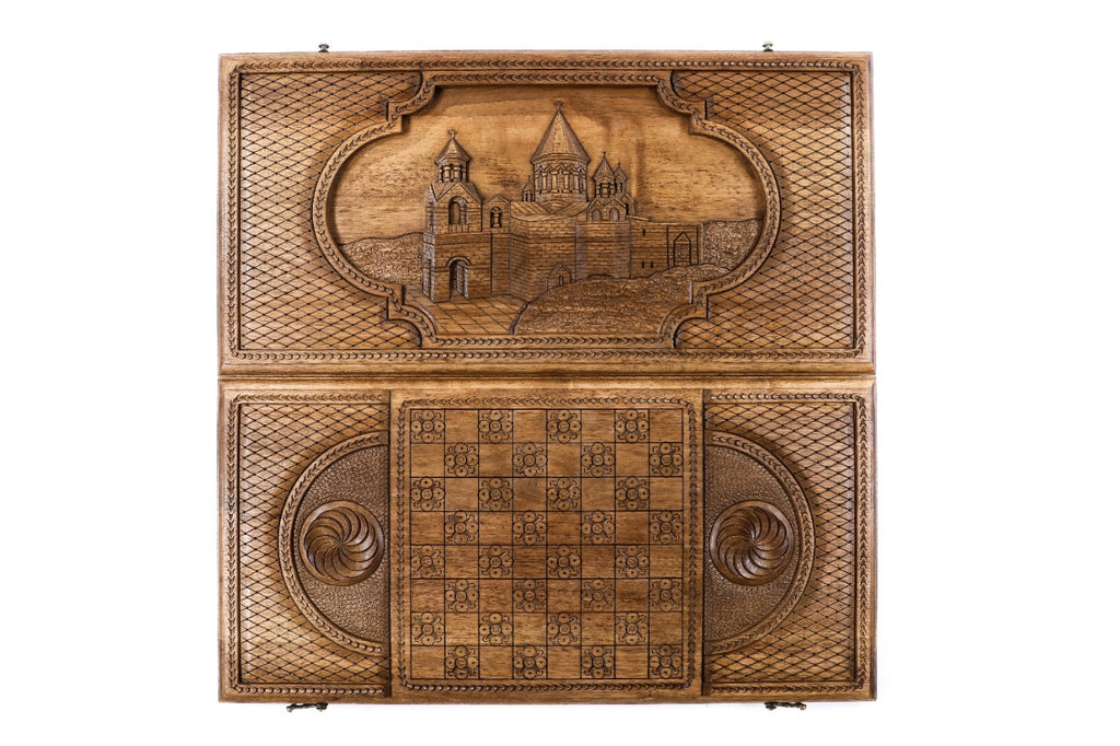 Handmade Walnut Backgammon Set with Etchmiadzin Cathedral and Hornbeam Inlay, 60 cm - photo 4