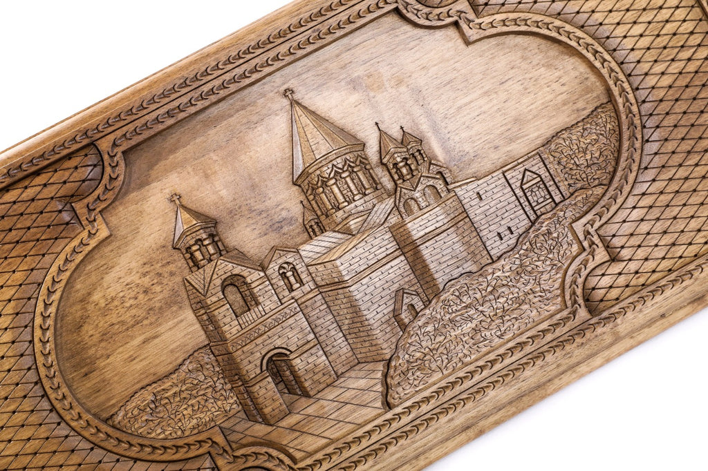 Handmade Walnut Backgammon Set with Etchmiadzin Cathedral and Hornbeam Inlay, 60 cm - photo 2