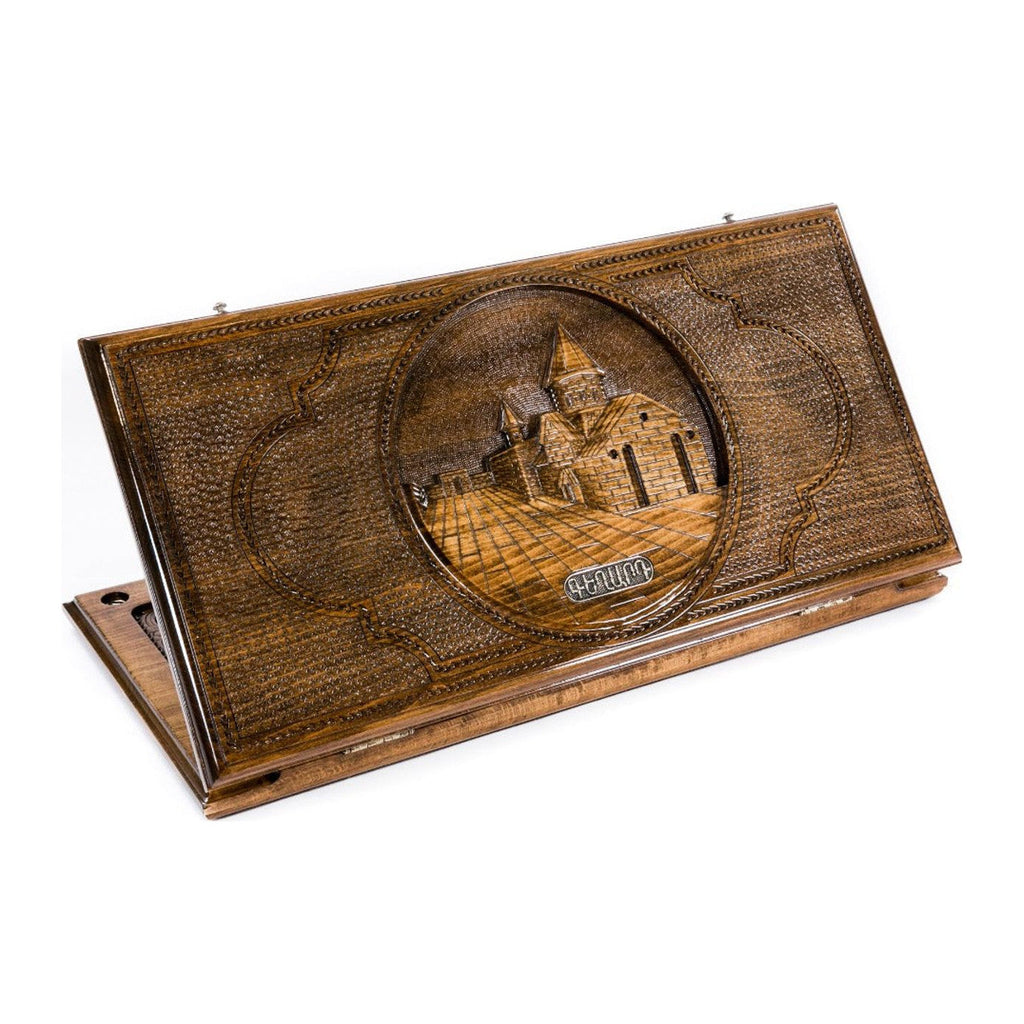 Backgammon Set with Geghard Monastery, 60 cm – handmade wooden nardi board by Hrachya Ohanyan