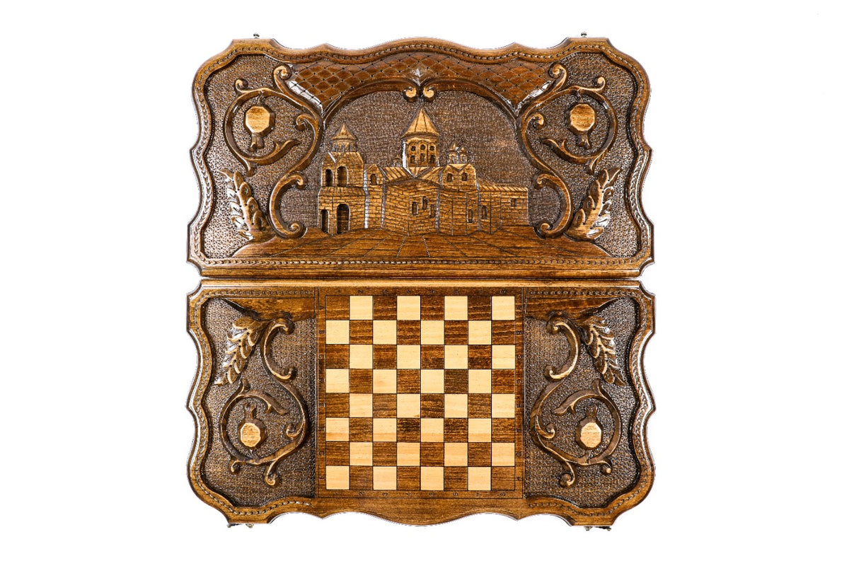 Handmade Wooden Backgammon Set with Etchmiadzin Cathedral, 60 cm - photo 4