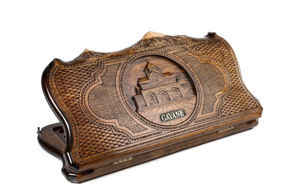 Handmade Wooden Backgammon Set with Church of St. Gayane and Ararat Outline, 50 cm (Model 11130)
