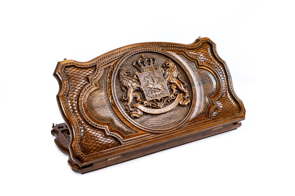 Handmade Wooden Two-Sided Backgammon Set with Georgian Coat of Arms, 60 cm (Model 11304)