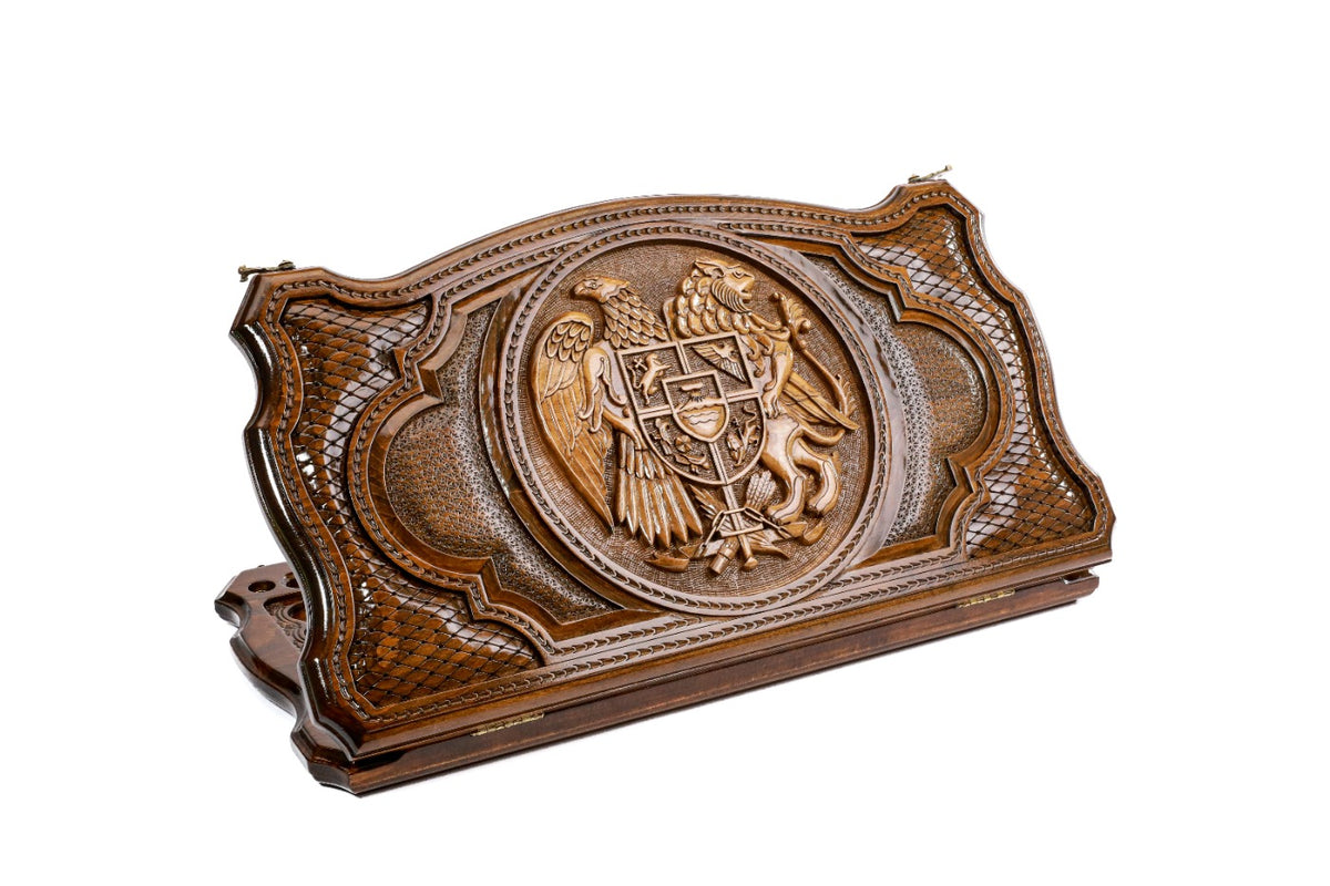 Handmade Wooden Two-Sided Backgammon Set with Armenian and Argentine Coats of Arms, 60 cm