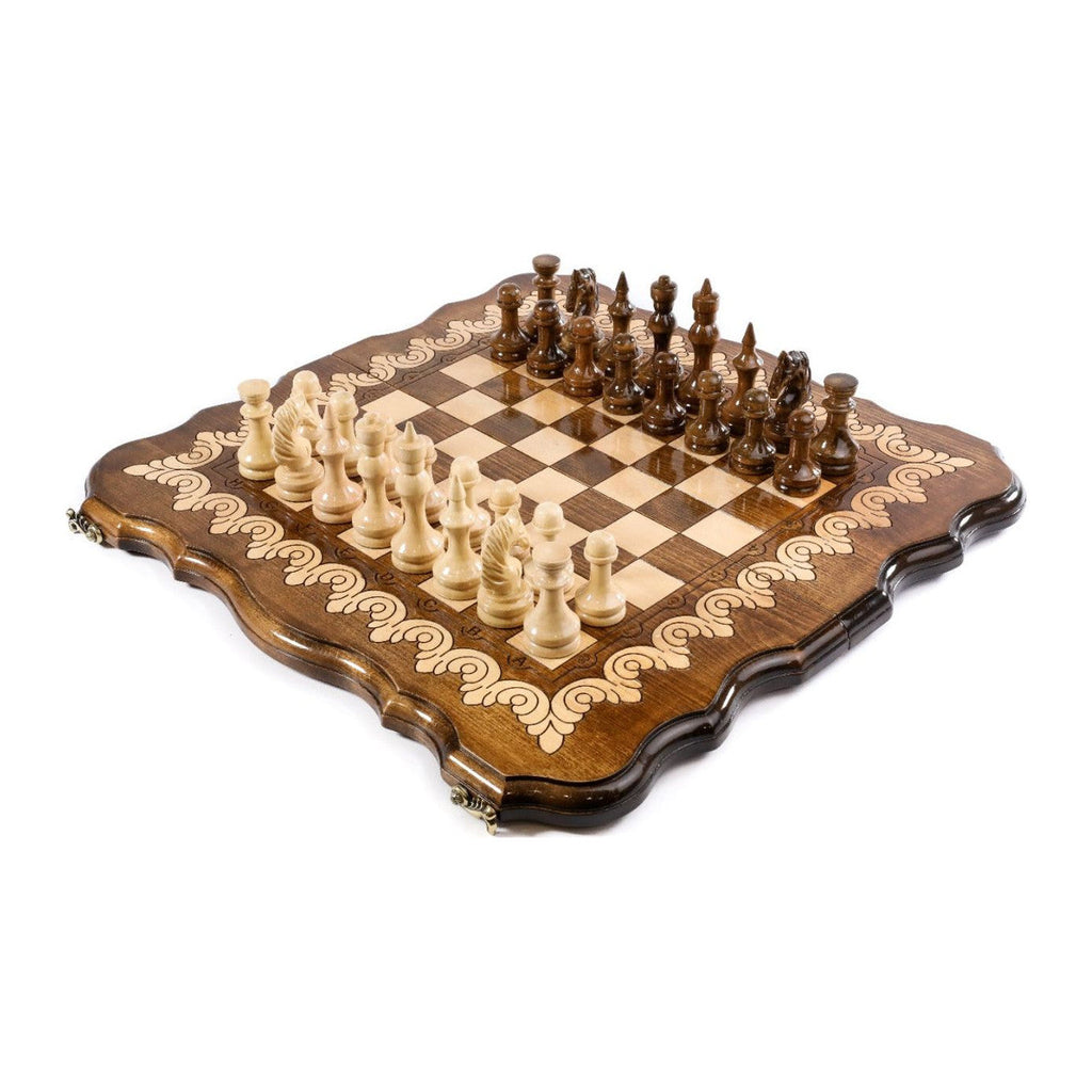 Handmade Wooden Chess Set with Contour Outline, 50 cm