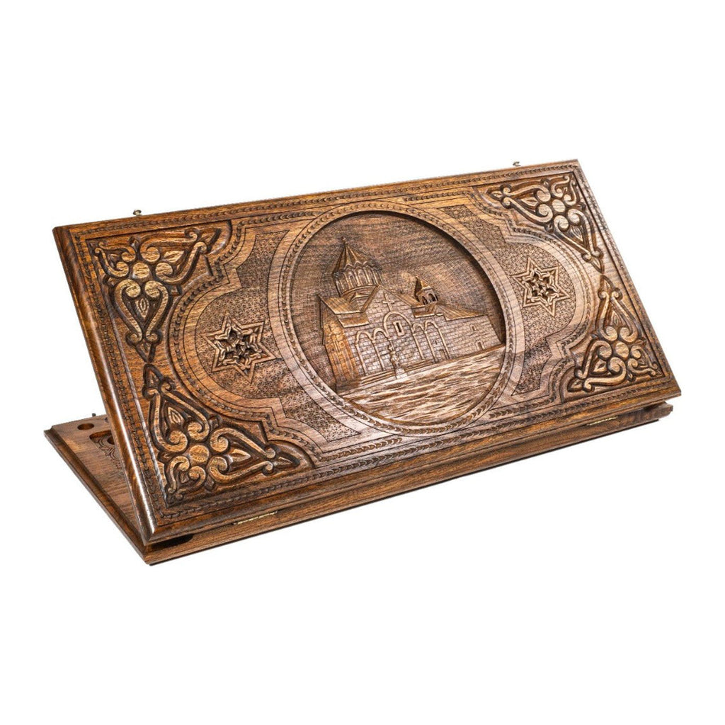 Handmade Wooden Two-Sided Backgammon Set with Gandzasar and Cross, 70 cm