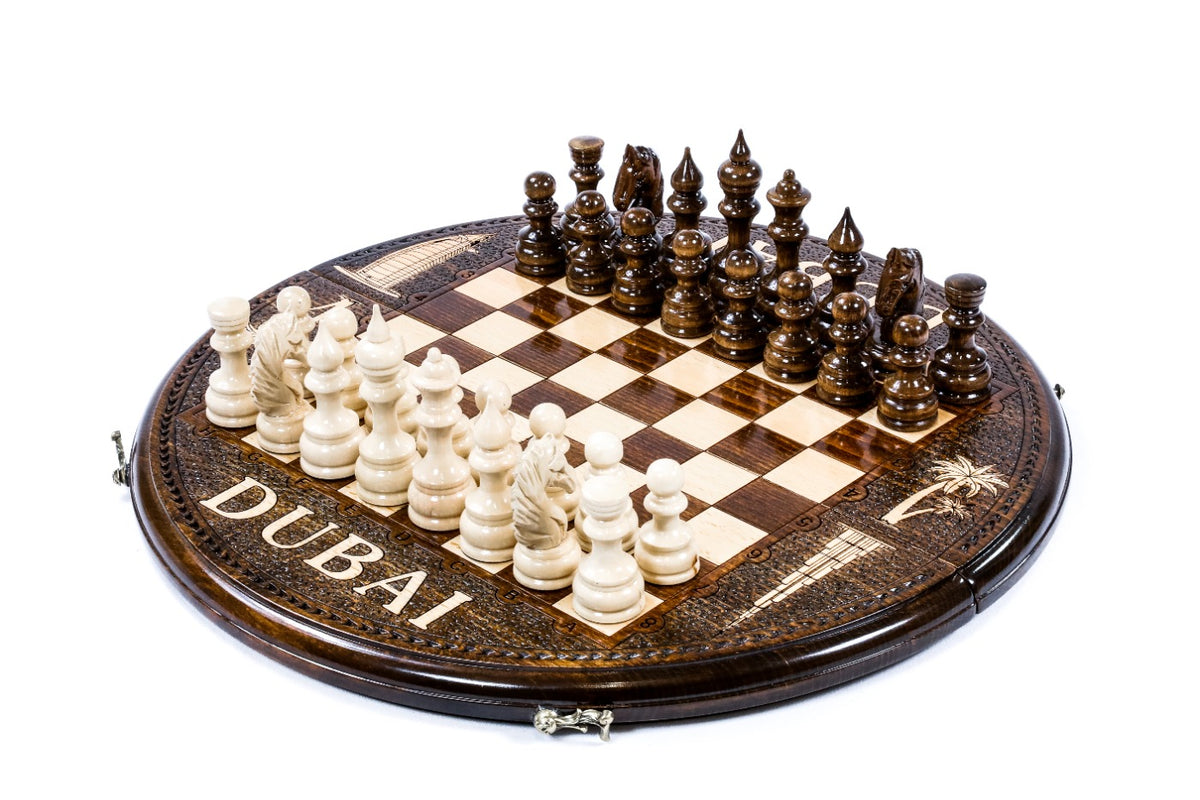 Handmade Wooden Circular Chess Set with Dubai Edition, 40 cm