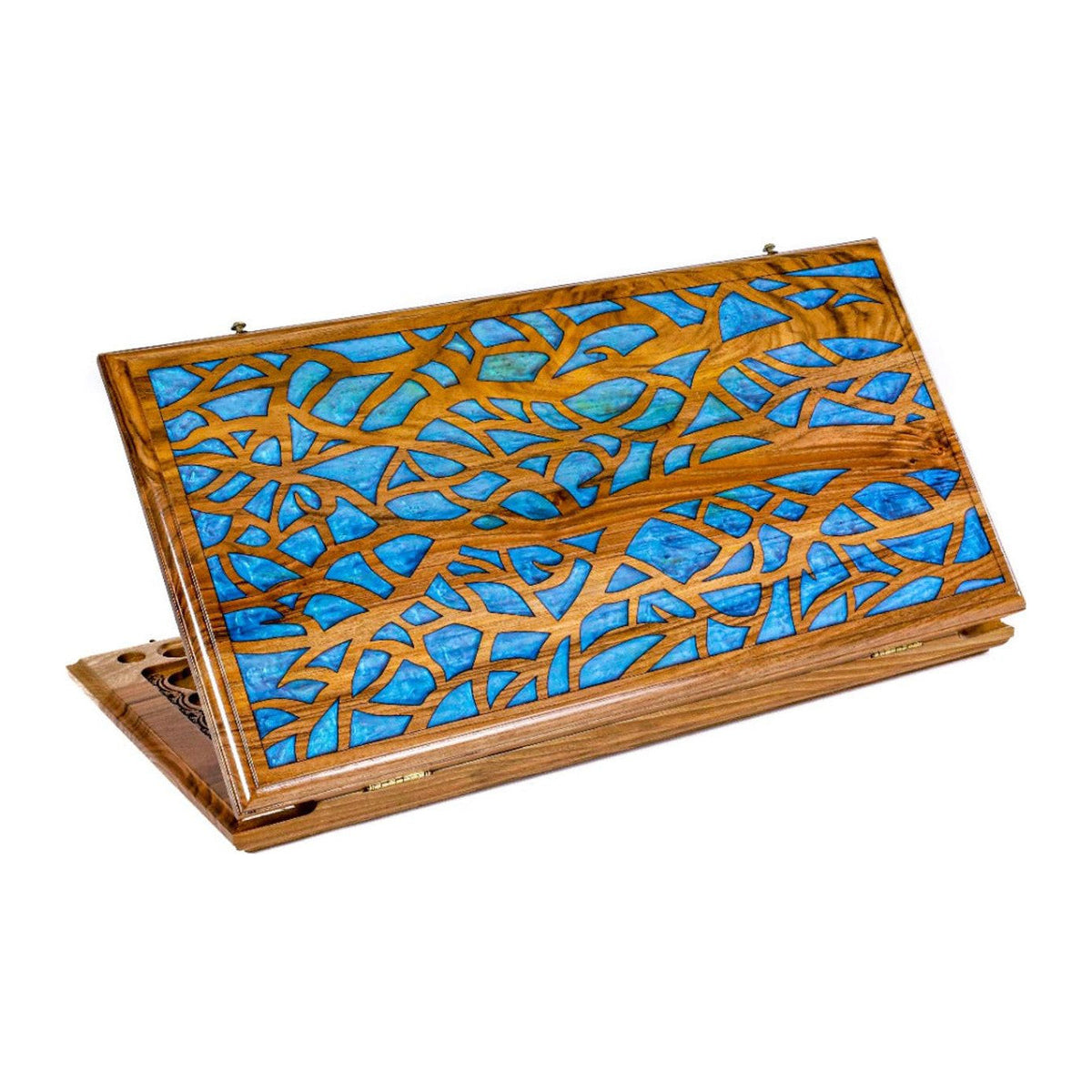 Handmade Walnut Two-Sided Backgammon Set with Epoxy Trees, 60 cm (Model 12623)