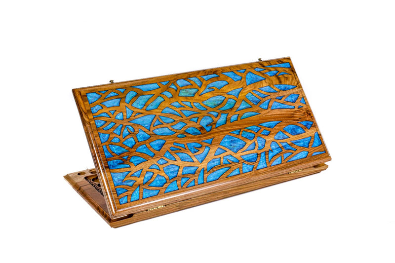 Handmade Walnut Two-Sided Backgammon Set with Epoxy Trees, 60 cm (Model 12623)