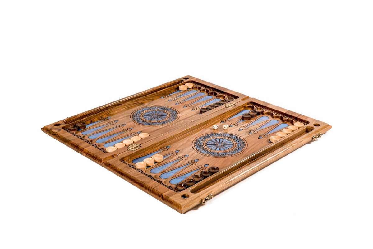 Handmade Walnut Two-Sided Backgammon Set with Epoxy Trees, 60 cm - photo 3