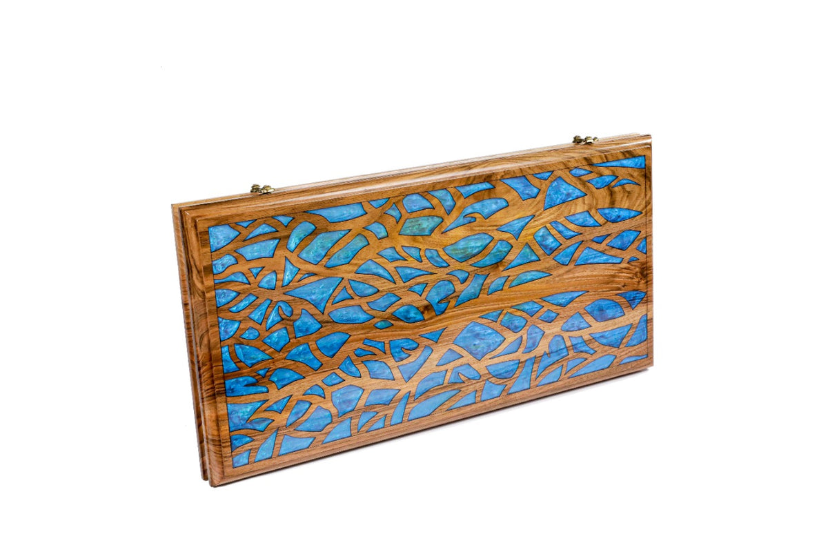 Handmade Walnut Two-Sided Backgammon Set with Epoxy Trees, 60 cm - photo 6