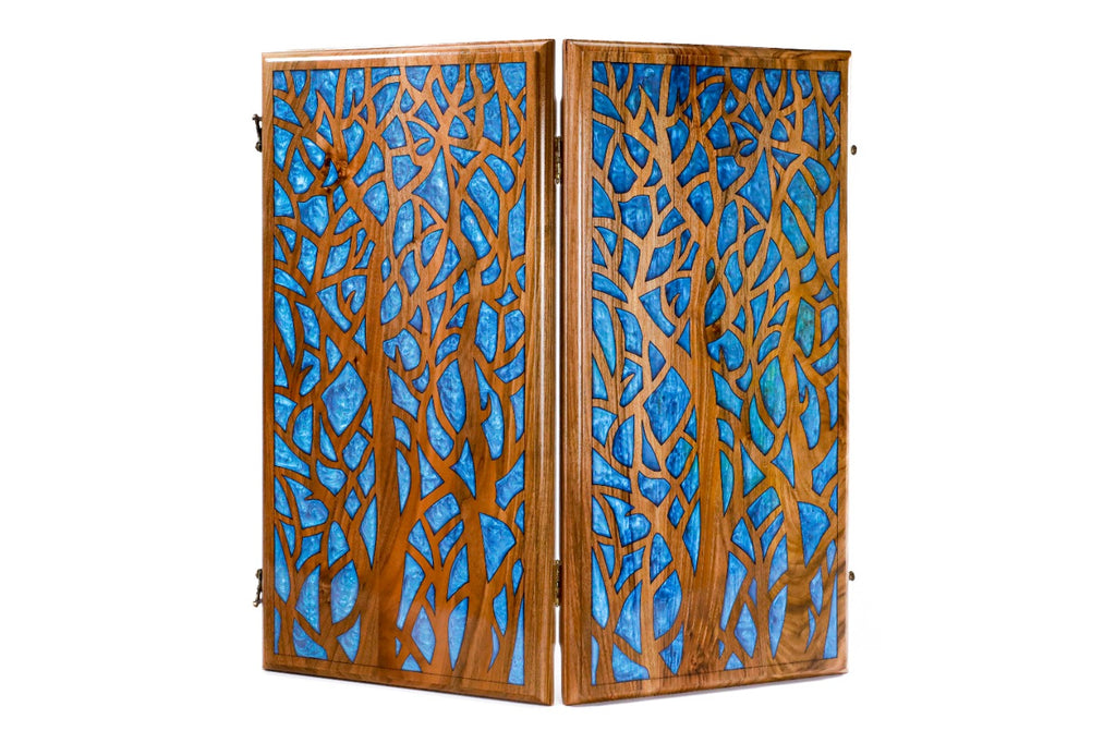 Handmade Walnut Two-Sided Backgammon Set with Epoxy Trees, 60 cm - photo 4