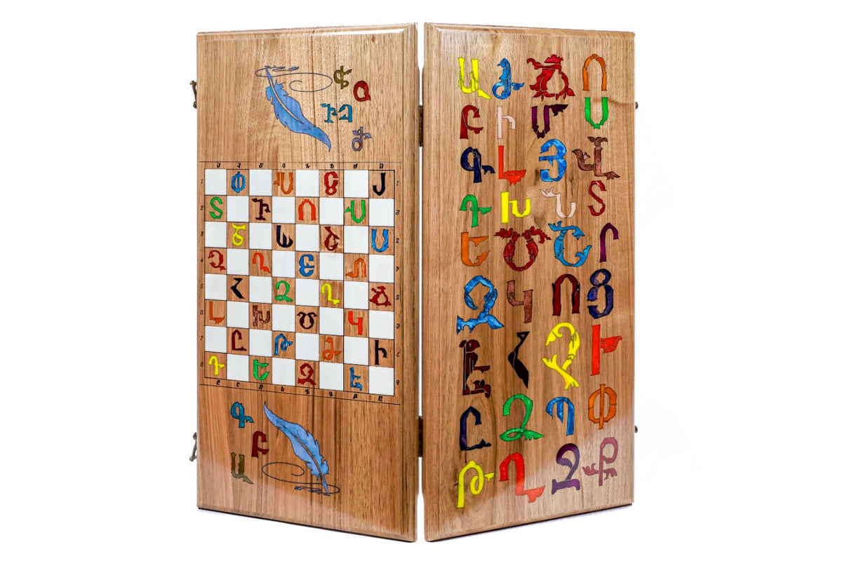 Handmade Walnut Backgammon Set with Armenian Alphabet, 60 cm - photo 12