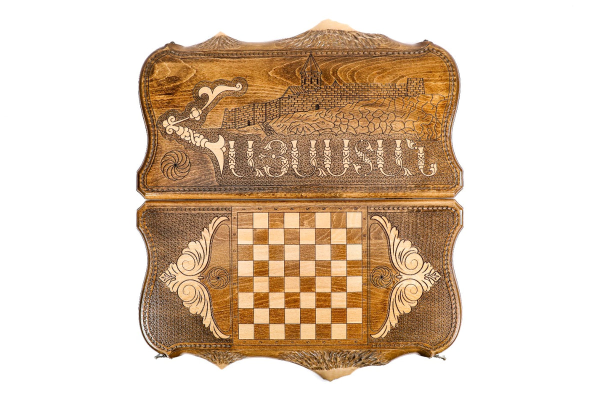 Handmade Wooden Backgammon Set with Khor Virap Monastery, Hayastan and Ararat Outline, 60 cm - photo 11