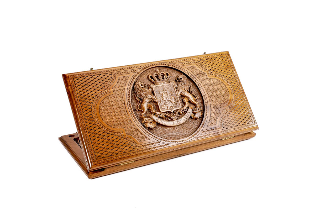 Handmade Walnut Backgammon Set with Georgian Coat of Arms, 60 cm