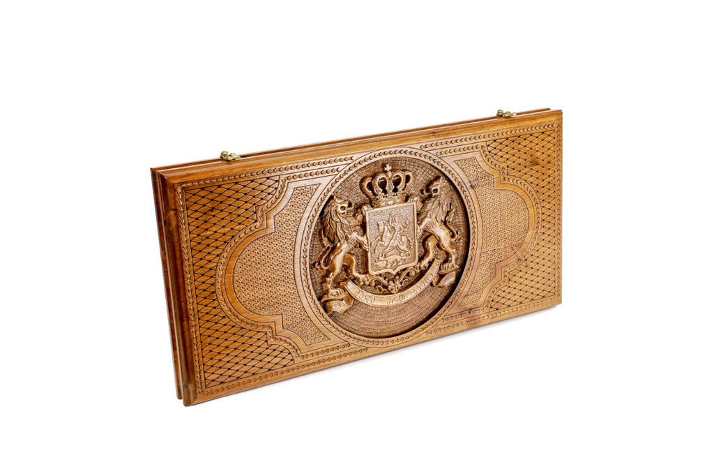 Handmade Walnut Backgammon Set with Georgian Coat of Arms, 60 cm - photo 6