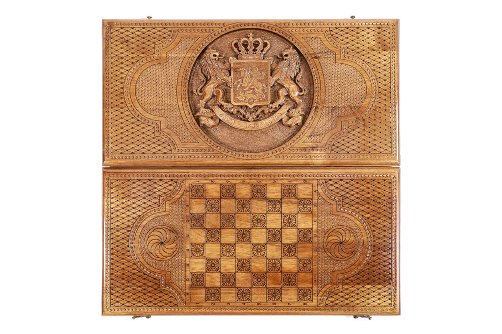 Handmade Walnut Backgammon Set with Georgian Coat of Arms, 60 cm - photo 11