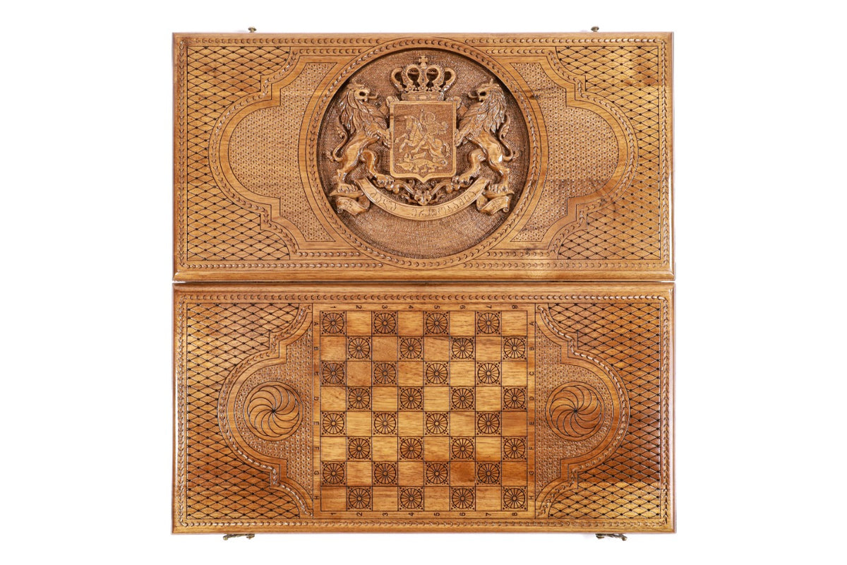 Handmade Walnut Backgammon Set with Georgian Coat of Arms, 60 cm - photo 11