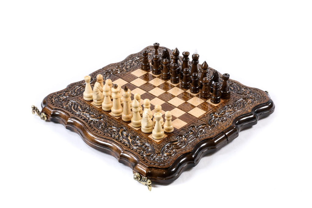 Handmade Wooden Chess and Backgammon Set with Contour Outline, 30 cm