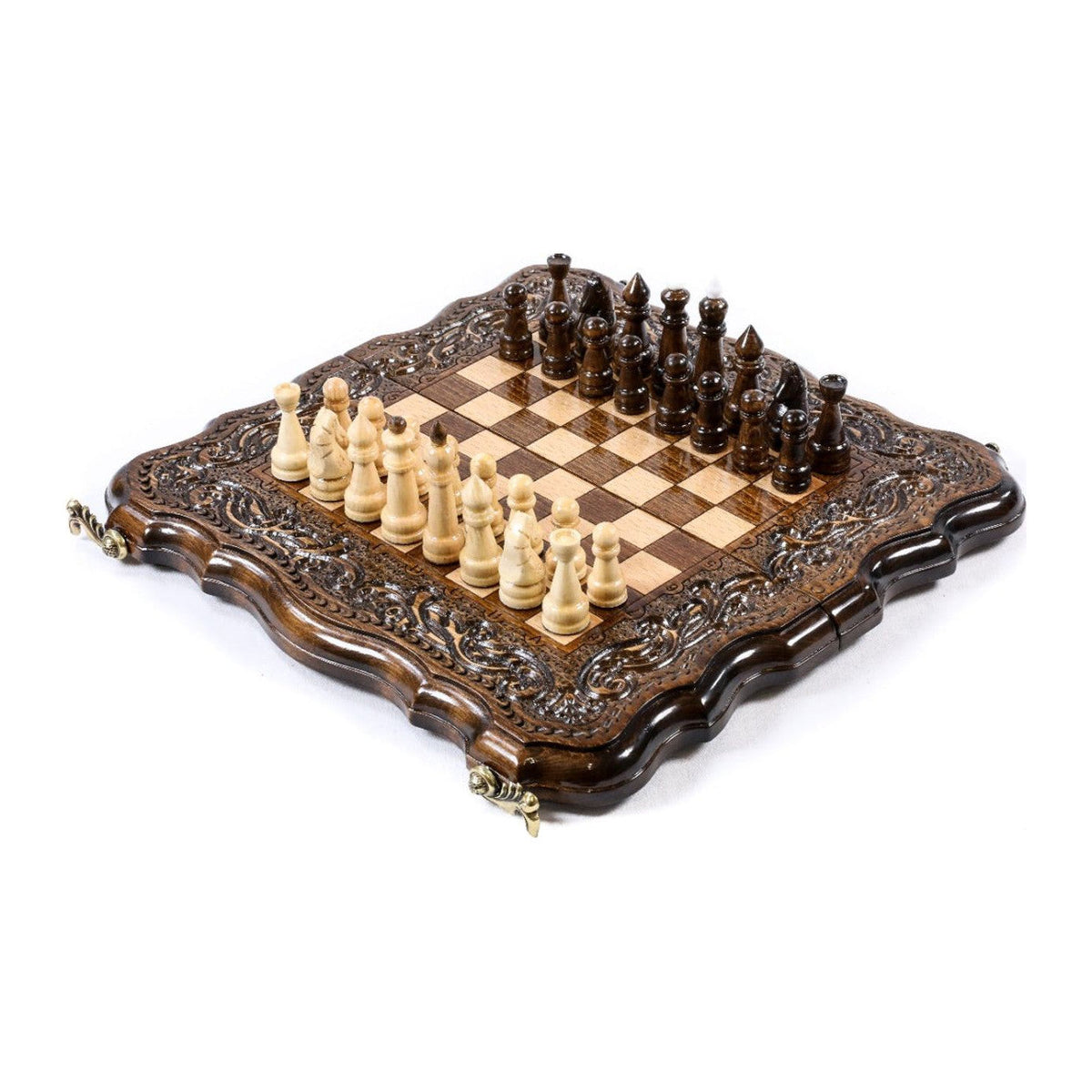 Handmade Wooden Chess and Backgammon Set with Contour Outline, 30 cm