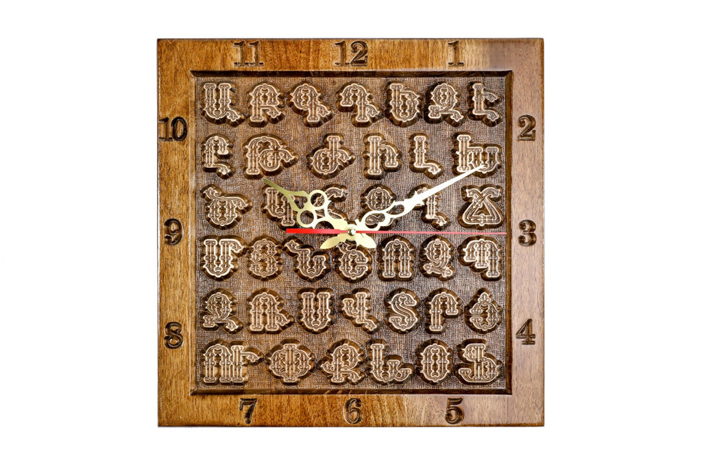 Handmade Wooden Wall Clock with Armenian Alphabet, 35 cm