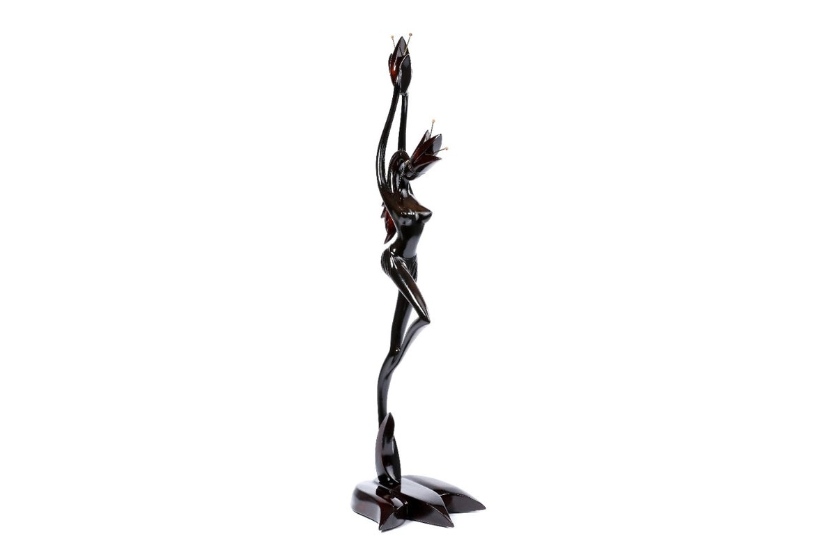 Hand-Carved Wooden Girl with Flower Sculpture