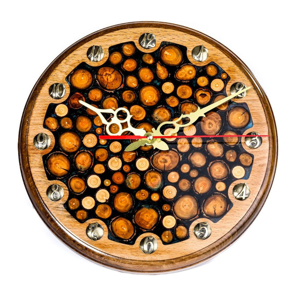 Handmade Walnut Wall Clock with Epoxy Trees, 30 cm