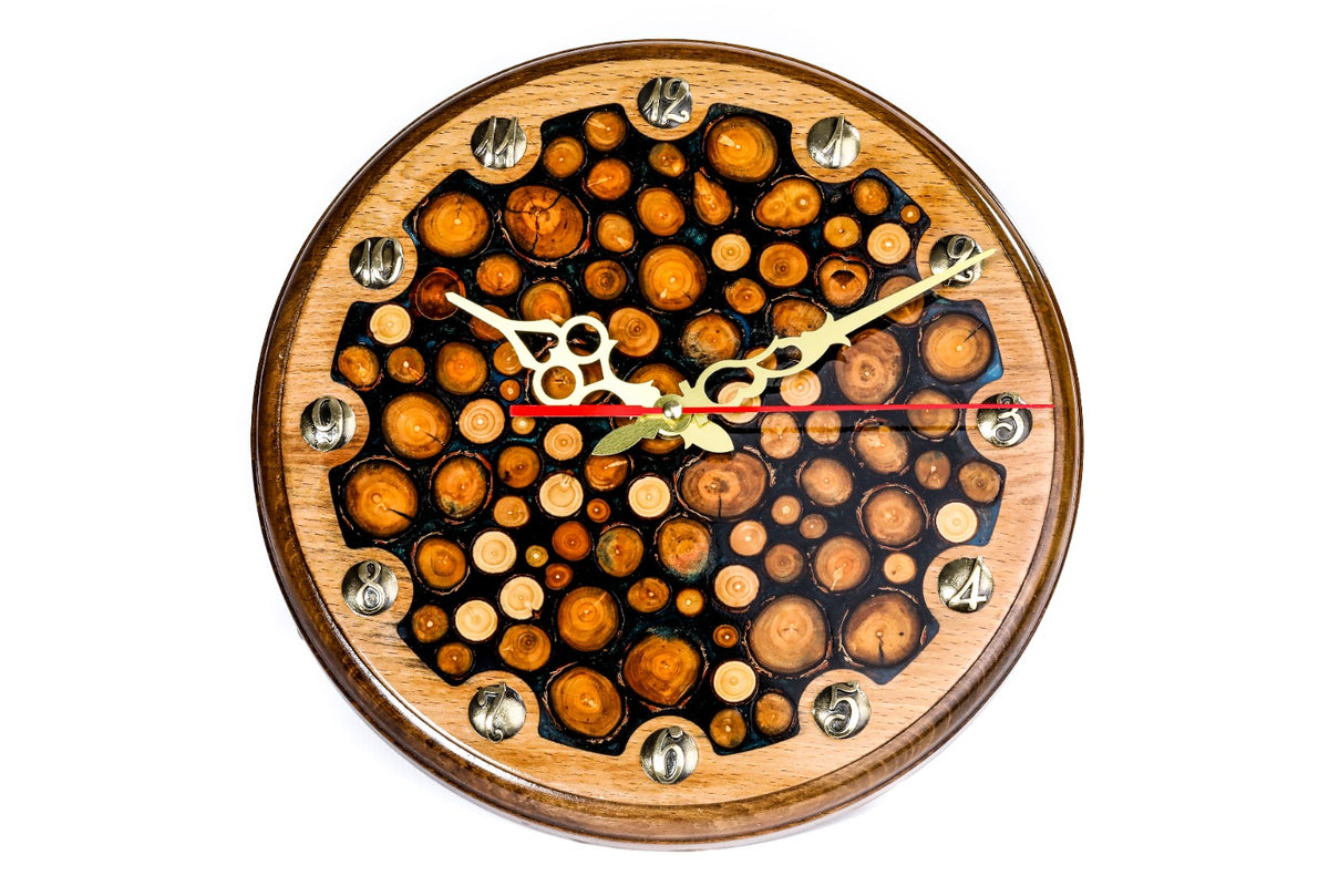 Handmade Walnut Wall Clock with Epoxy Trees, 30 cm