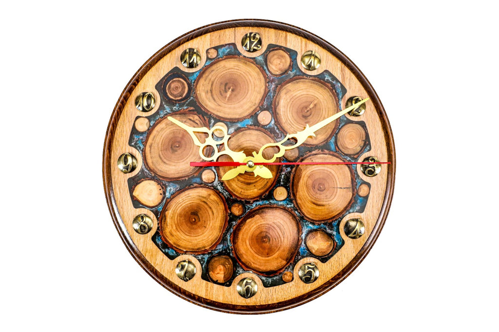 Handmade Wooden Wall Clock with Epoxy Trees, 30 cm (Model 41146blue)