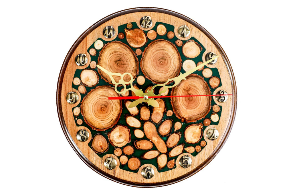 Handmade Wooden Wall Clock with Epoxy Trees, 30 cm (Model 41146green)